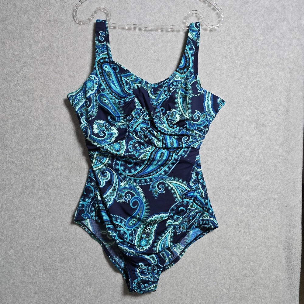 Lands End Women's 14DD Slender Carmela Blue Paisley One Piece Swimsuit Resort